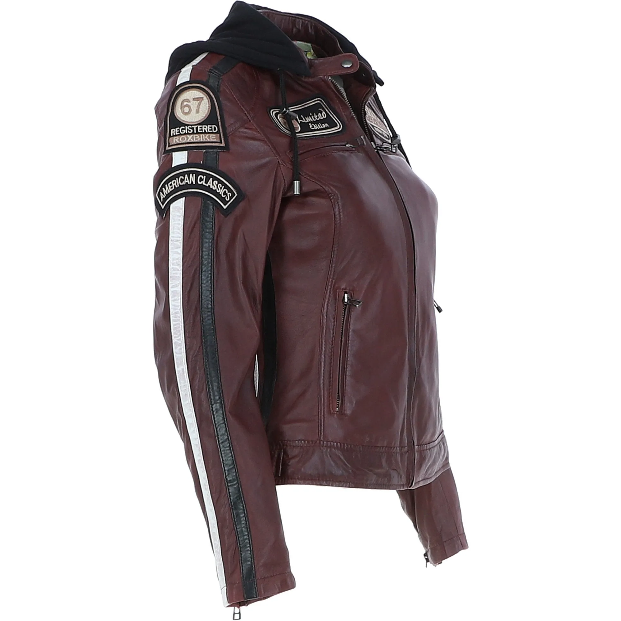 Women's Detachable Hood Leather Biker Jacket Bordeaux: L-Nirma