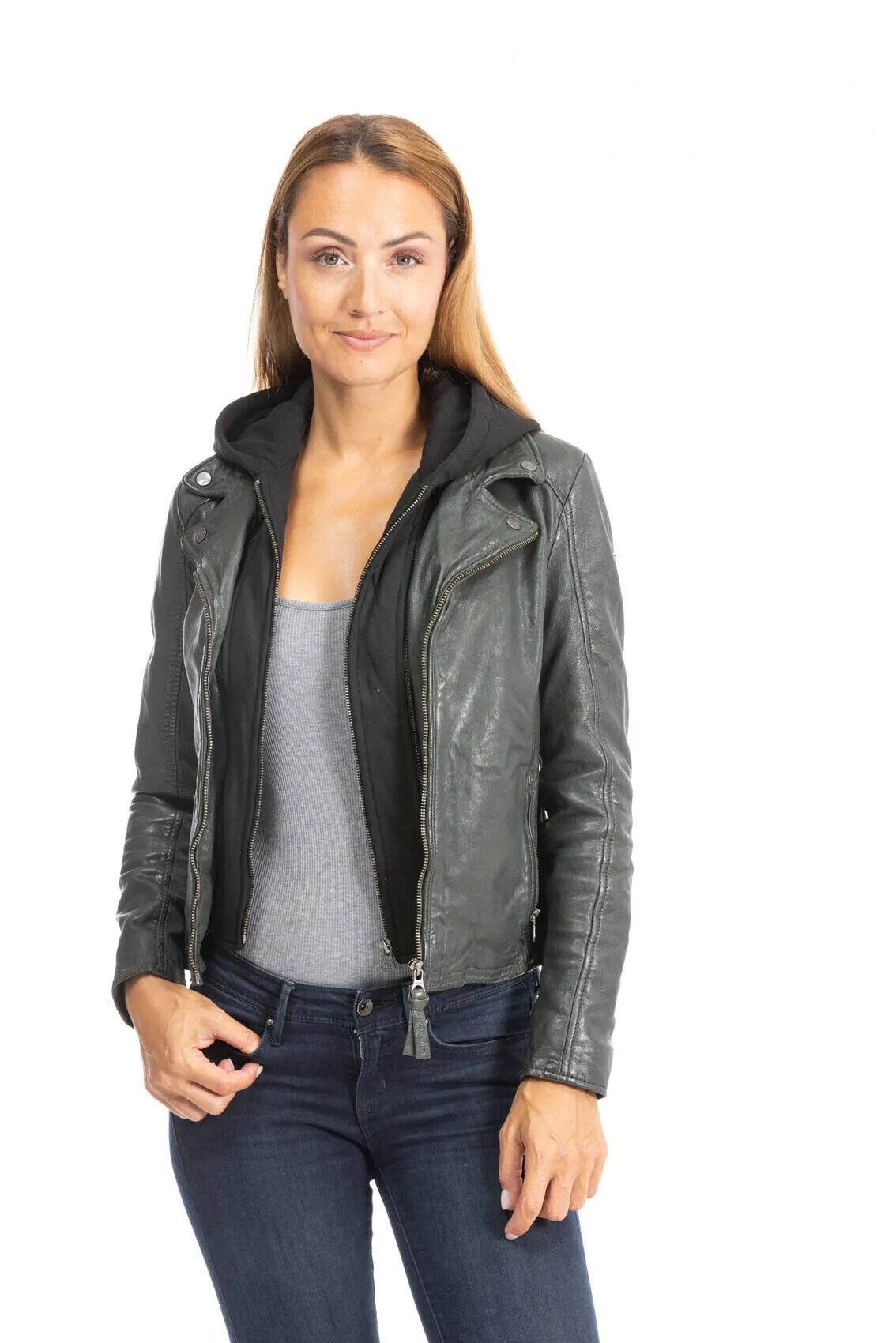 Women's dark olive leather biker style jacket with hood 1101-0483